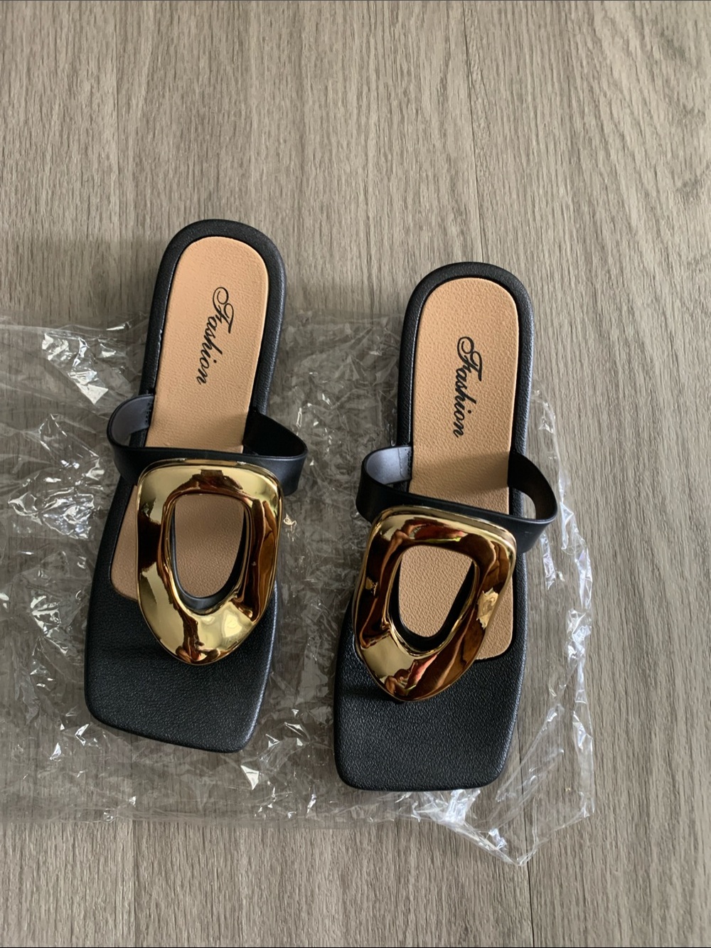 Fashion Brand Company Black Slide Sandals with Gold Accent